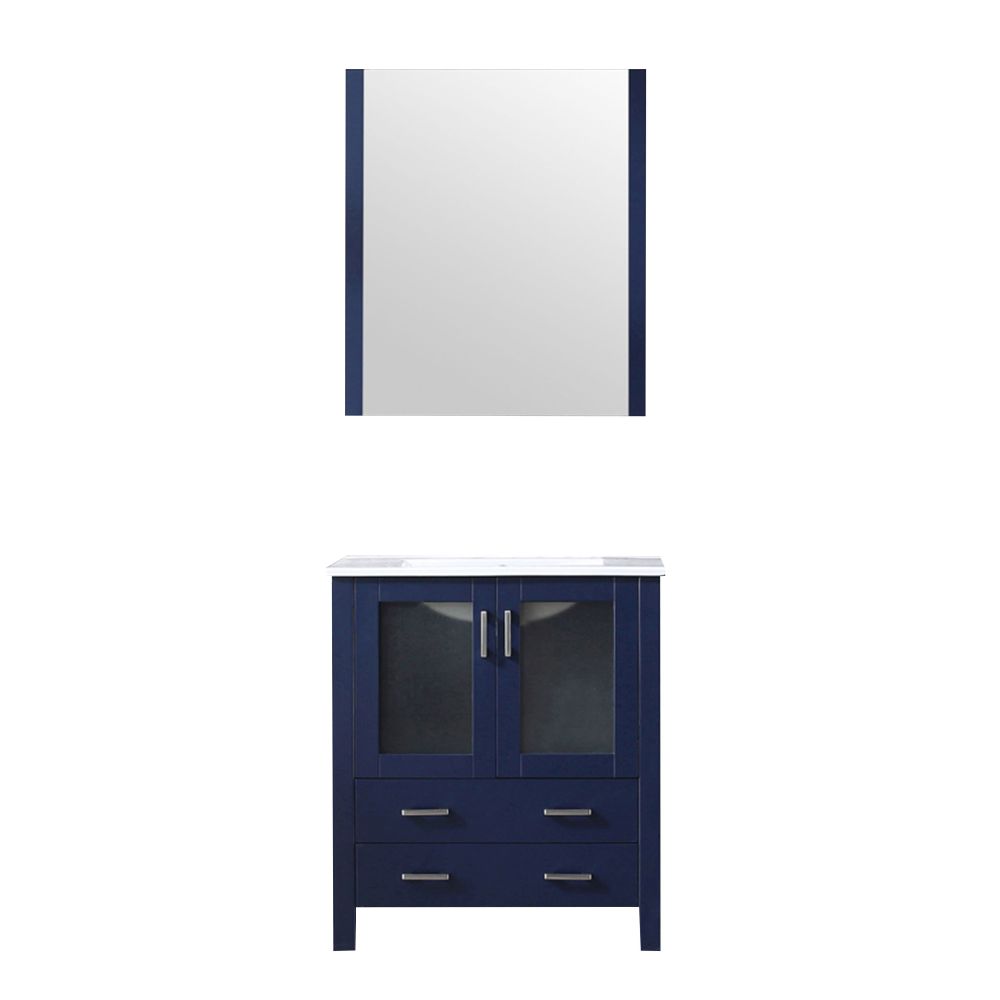 Volez 30 in W x 18.25 in. D Navy Blue Bath Vanity, White Ceramic Top, and 28 in Mirror