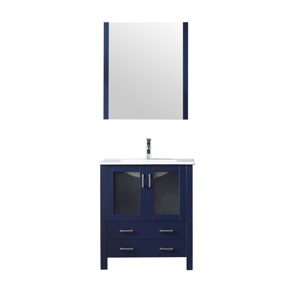 Volez 30 in W x 18.25 in. D Navy Blue Bath Vanity, White Ceramic Top, Faucet Set, and 28 in Mirror