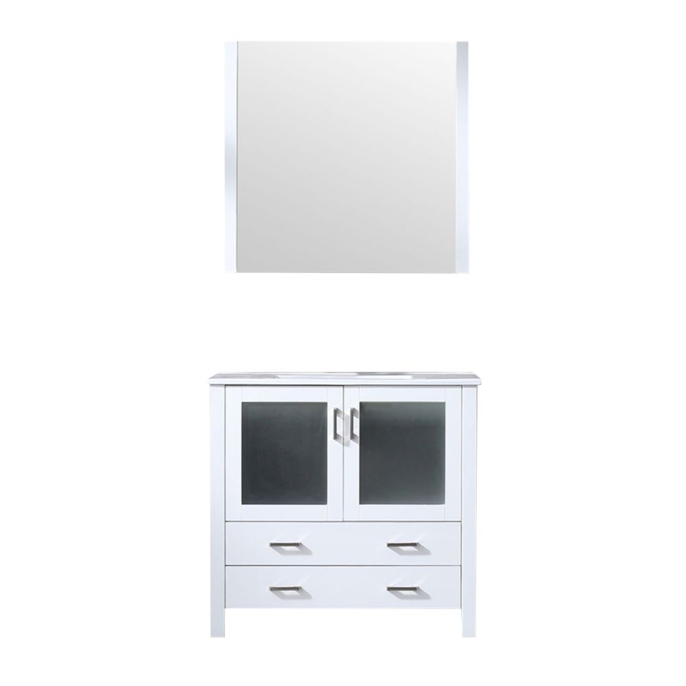 Volez 36 in W x 18.25 in. D White Bath Vanity, White Ceramic Top, and 34 in Mirror