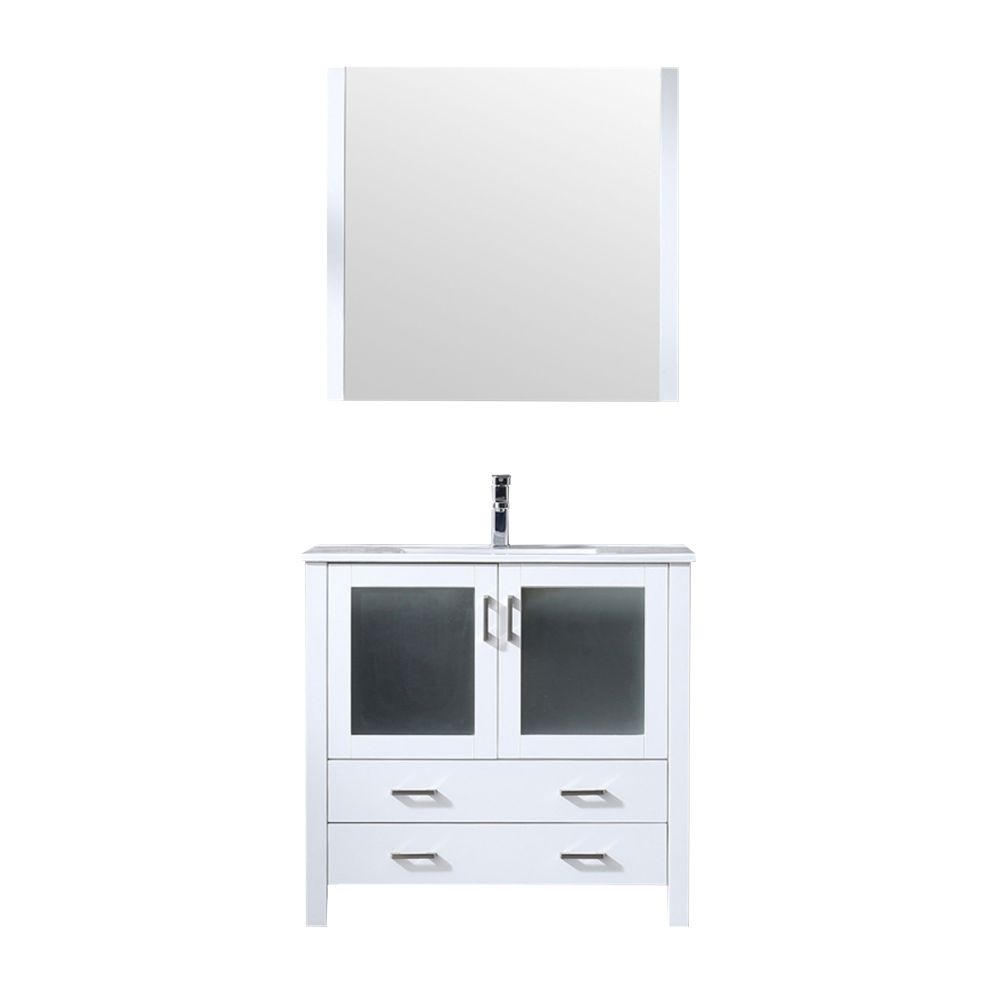 Volez 36 in W x 18.25 in. D White Bath Vanity, White Ceramic Top, Faucet Set, and 34 in Mirror