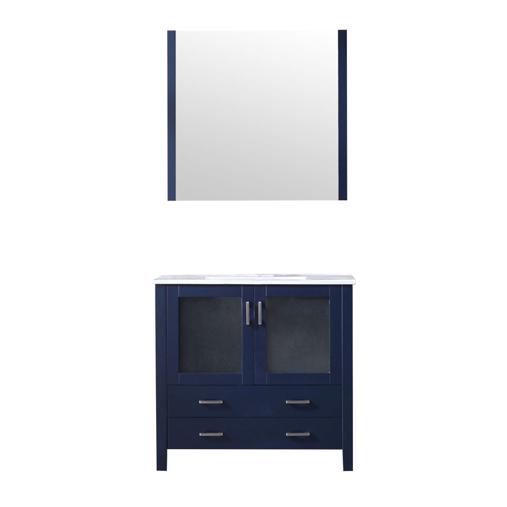 Volez 36 in W x 18.25 in. D Navy Blue Bath Vanity, White Ceramic Top, and 34 in Mirror