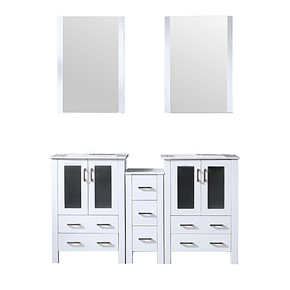 Volez 60 in W x 18.25 in. D White Double Bath Vanity with Side Cabinet, White Ceramic Top, and 22 in Mirrors