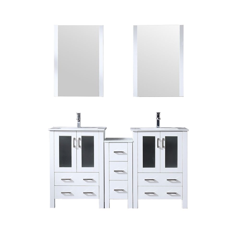 Volez 60 in W x 18.25 in. D White Double Bath Vanity with Side Cabinet, Faucet Set, White Ceramic Top, and 22 in Mirrors