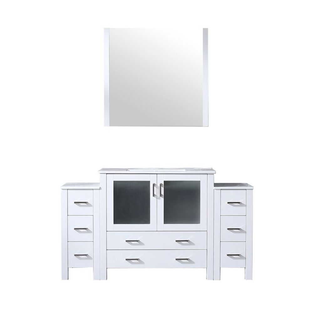 Volez 60 in W x 18.25 in. D White Bath Vanity with Side Cabinets, White Ceramic Top, and 34 in Mirror