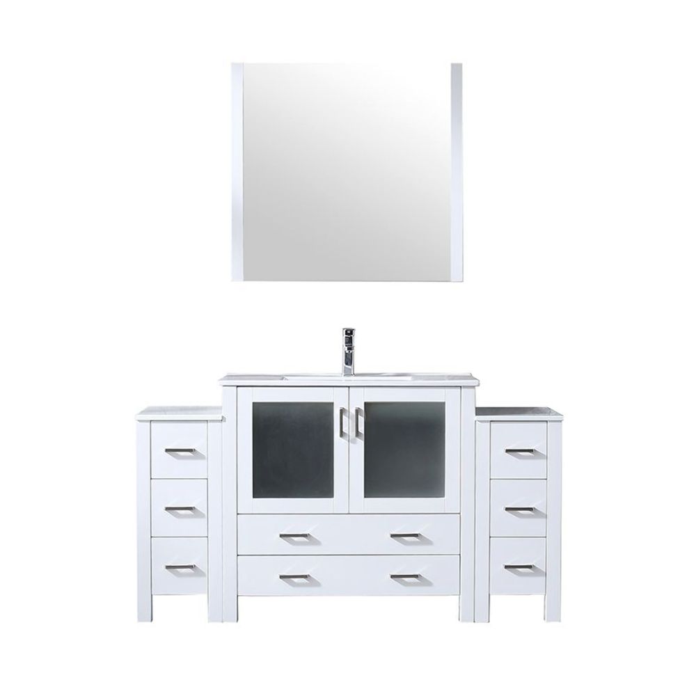 Volez 60 in W x 18.25 in. D White Bath Vanity with Side Cabinets, Faucet Set, White Ceramic Top, and 34 in Mirror
