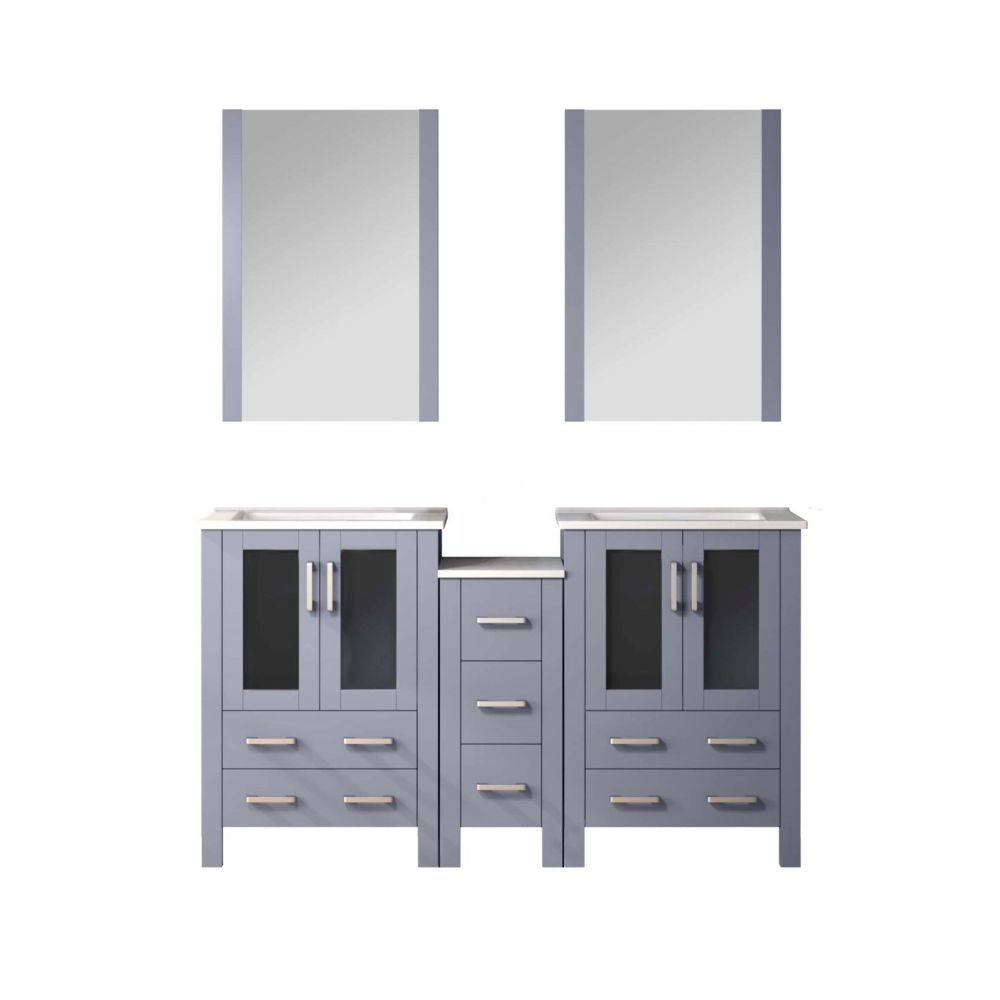 Volez 60 in W x 18.25 in. D Dark Grey Double Bath Vanity with Side Cabinet, White Ceramic Top, and 22 in Mirrors