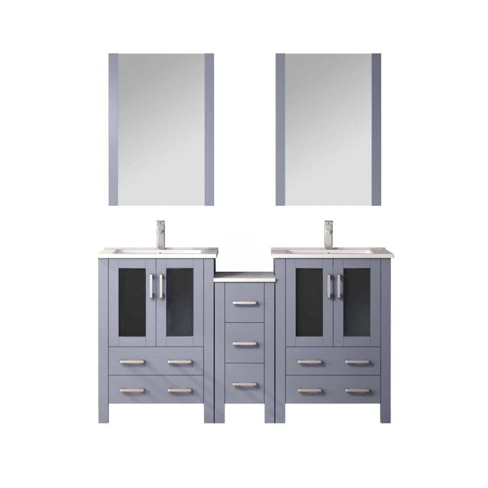 Volez 60 in W Dark Grey Double Bath Vanity with Side Cabinet, Faucet Set, White Ceramic Top, and 22 in Mirrors