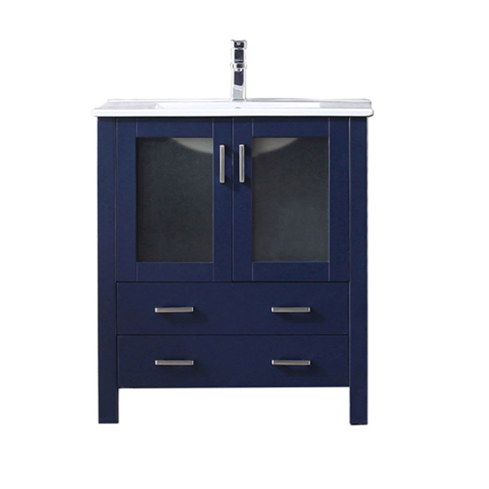 Volez 30 in W x 18.25 in. D Navy Blue Bath Vanity, White Ceramic Top, and Faucet Set
