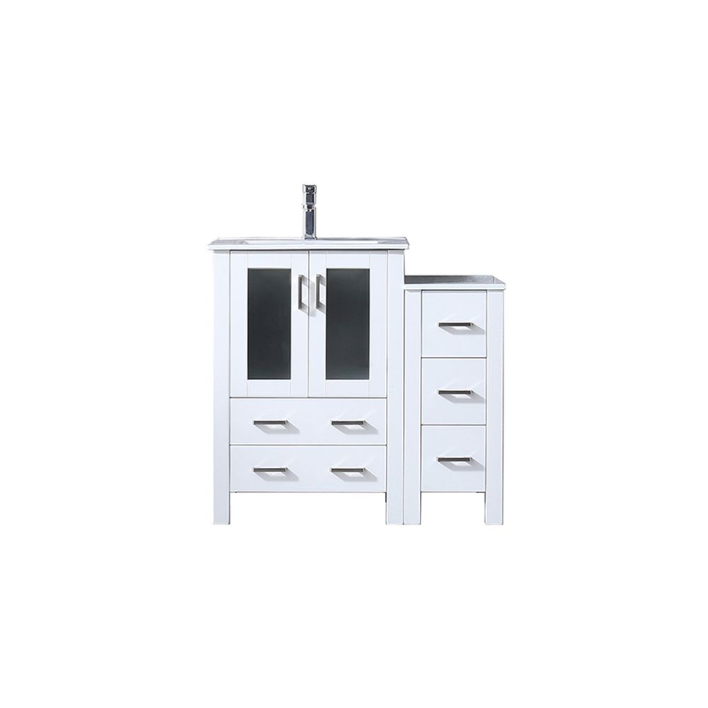 Volez 36 in W x 18.25 in. D White Single Bath Vanity with Side Cabinet, White Ceramic Top, and Faucet Set