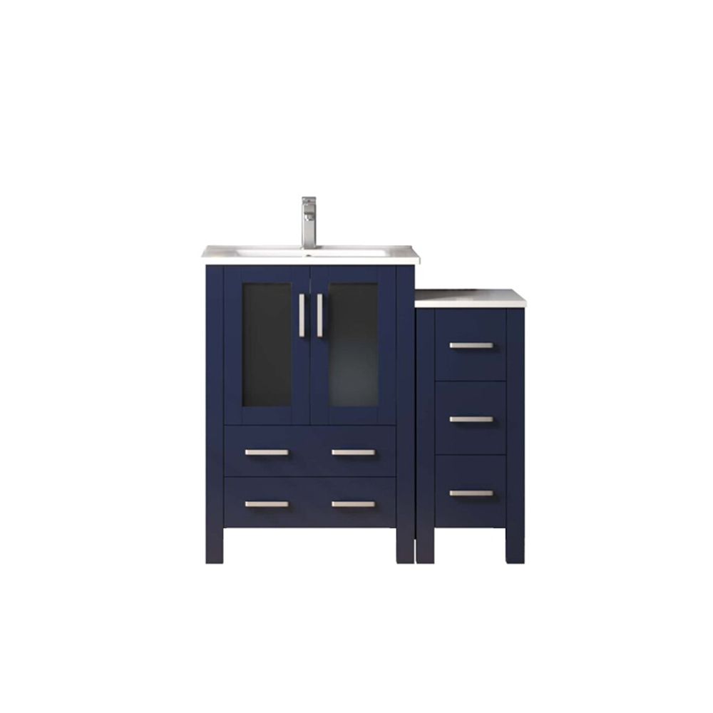 Volez 36 in W x 18.25 in. D Navy Blue Single Bath Vanity with Side Cabinet, White Ceramic Top, and Faucet Set