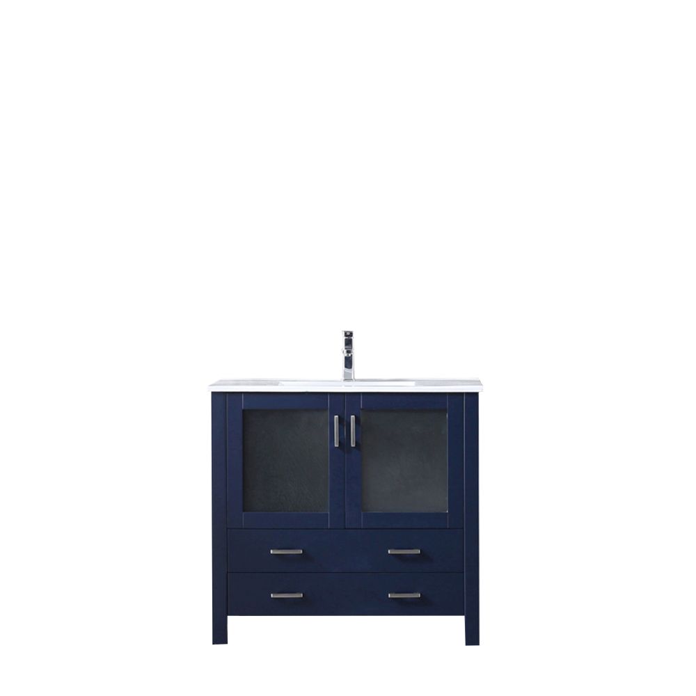 Volez 36 in W x 18.25 in. D Navy Blue Bath Vanity, White Ceramic Top, and Faucet Set