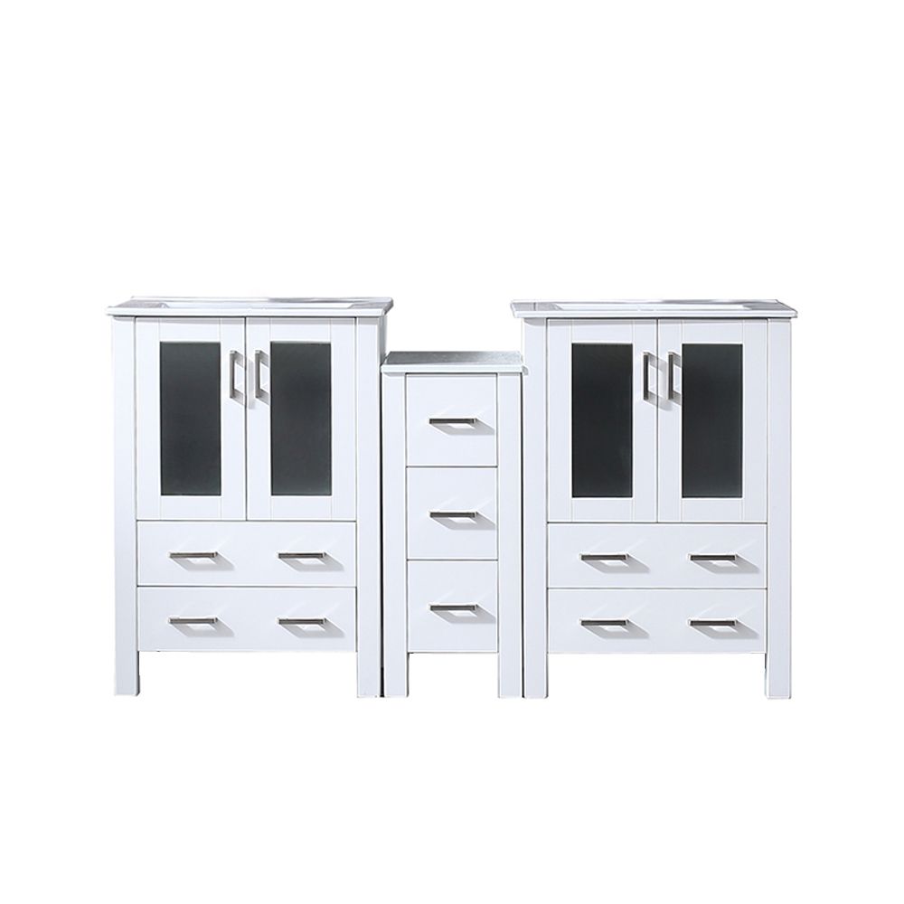Volez 60 in W x 18.25 in. D White Double Bath Vanity with Side Cabinet, and White Ceramic Top