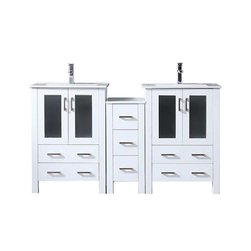 Volez 60 in W x 18.25 in. D White Double Bath Vanity with Side Cabinet, White Ceramic Top, and Faucet Set