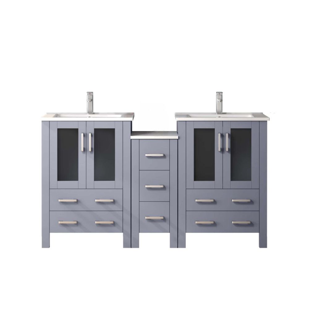 Volez 60 in W x 18.25 in. D Dark Grey Double Bath Vanity with Side Cabinet, White Ceramic Top, and Faucet Set