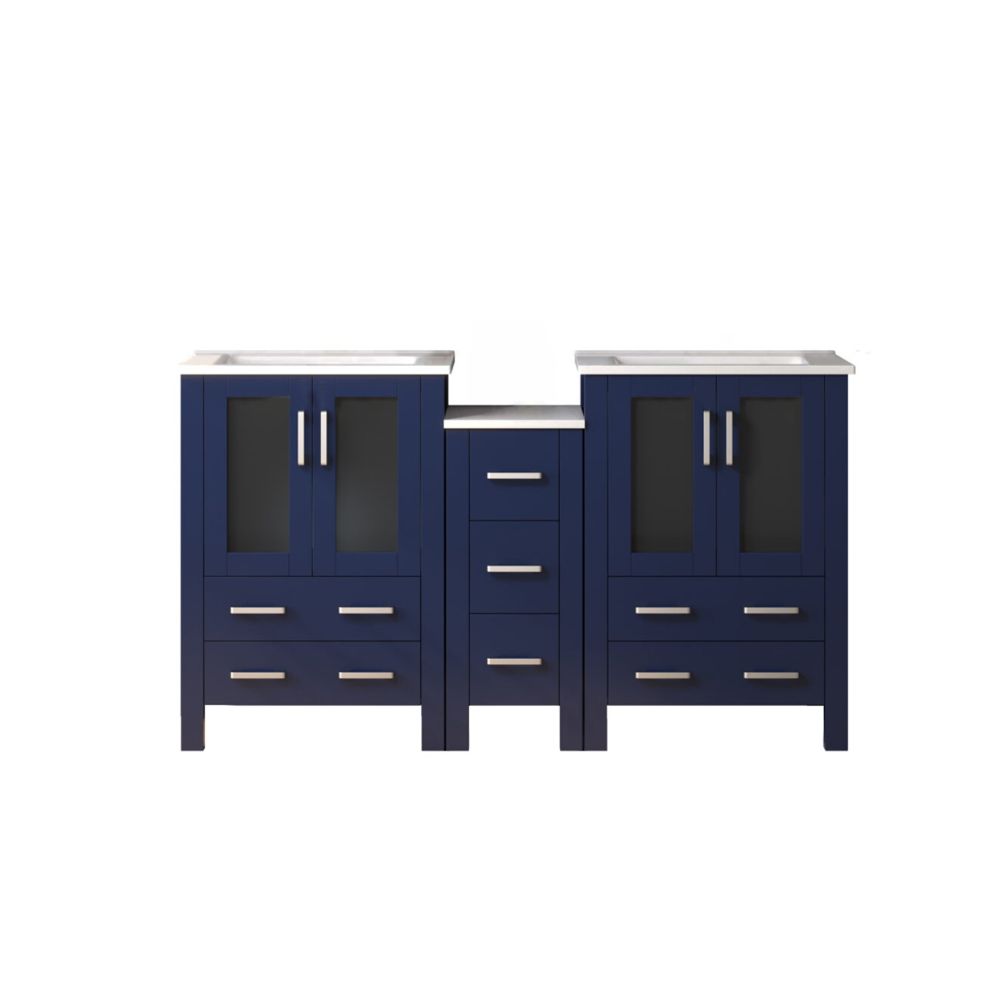 Volez 60 in W x 18.25 in. D Navy Blue Double Bath Vanity with Side Cabinet, and White Ceramic Top