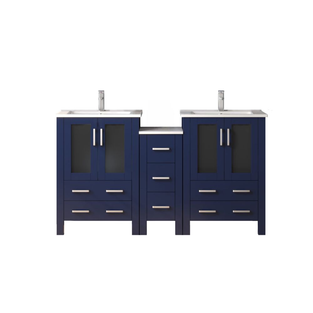 Volez 60 in W x 18.25 in. D Navy Blue Double Bath Vanity with Side Cabinet, White Ceramic Top, and Faucet Set