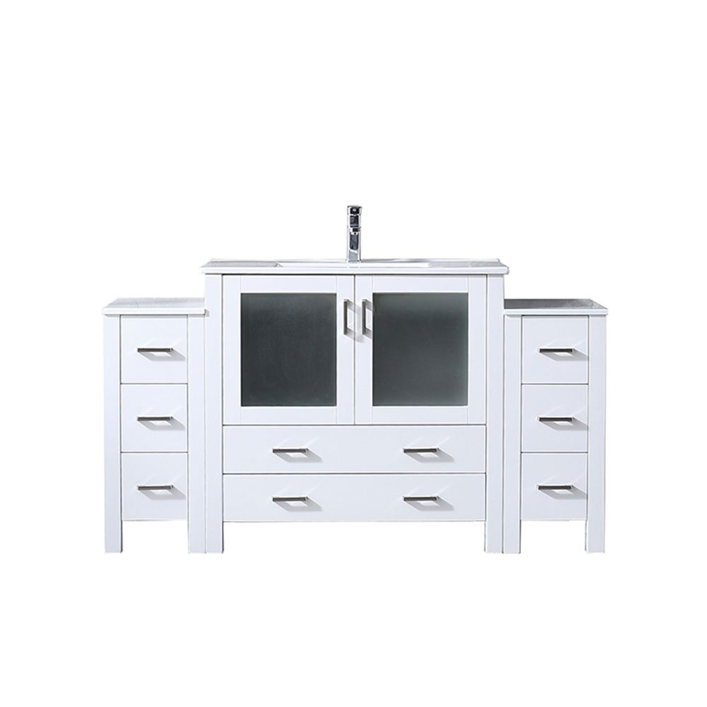Volez 60 in W x 18.25 in. D White Double Bath Vanity with Side Cabinets, White Ceramic Top, and Faucet Set