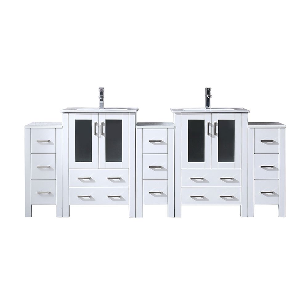 Volez 84 in W x 18.25 in. D White Double Bath Vanity with Side Cabinets, White Ceramic Top, and Faucet Set