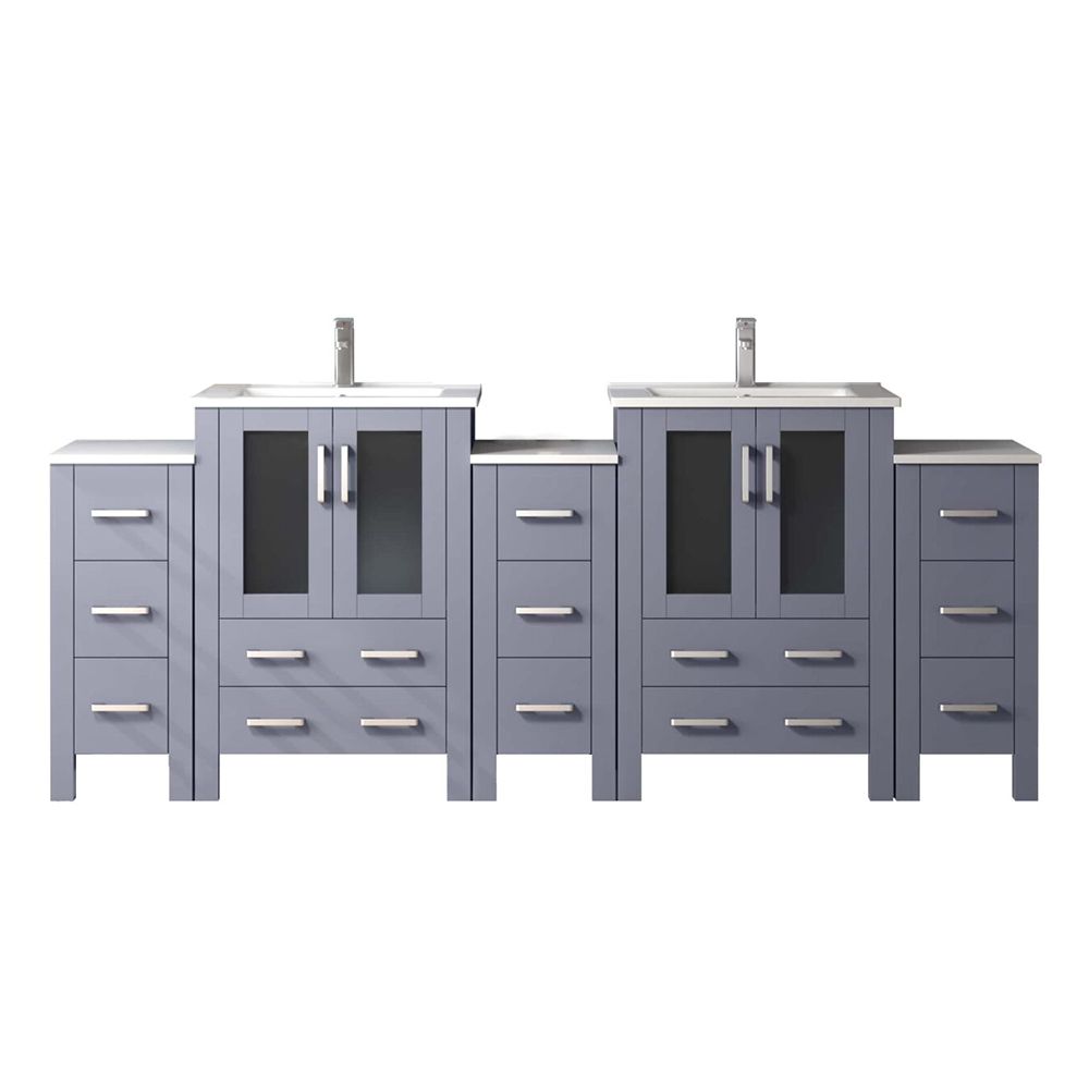 Volez 84 in W x 18.25 in. D Dark Grey Double Bath Vanity with Side Cabinets, White Ceramic Top, and Faucet Set