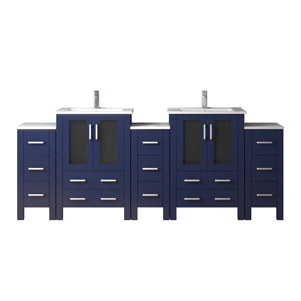 Volez 84 in W x 18.25 in. D Navy Blue Double Bath Vanity with Side Cabinets, White Ceramic Top, and Faucet Set