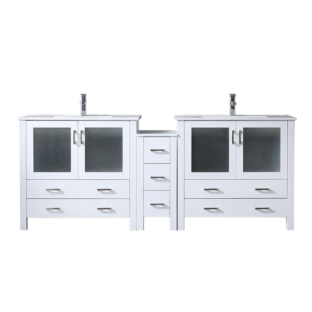 Volez 84 in W x 18.25 in. D White Double Bath Vanity with Side Cabinet, White Ceramic Top, and Faucet Set