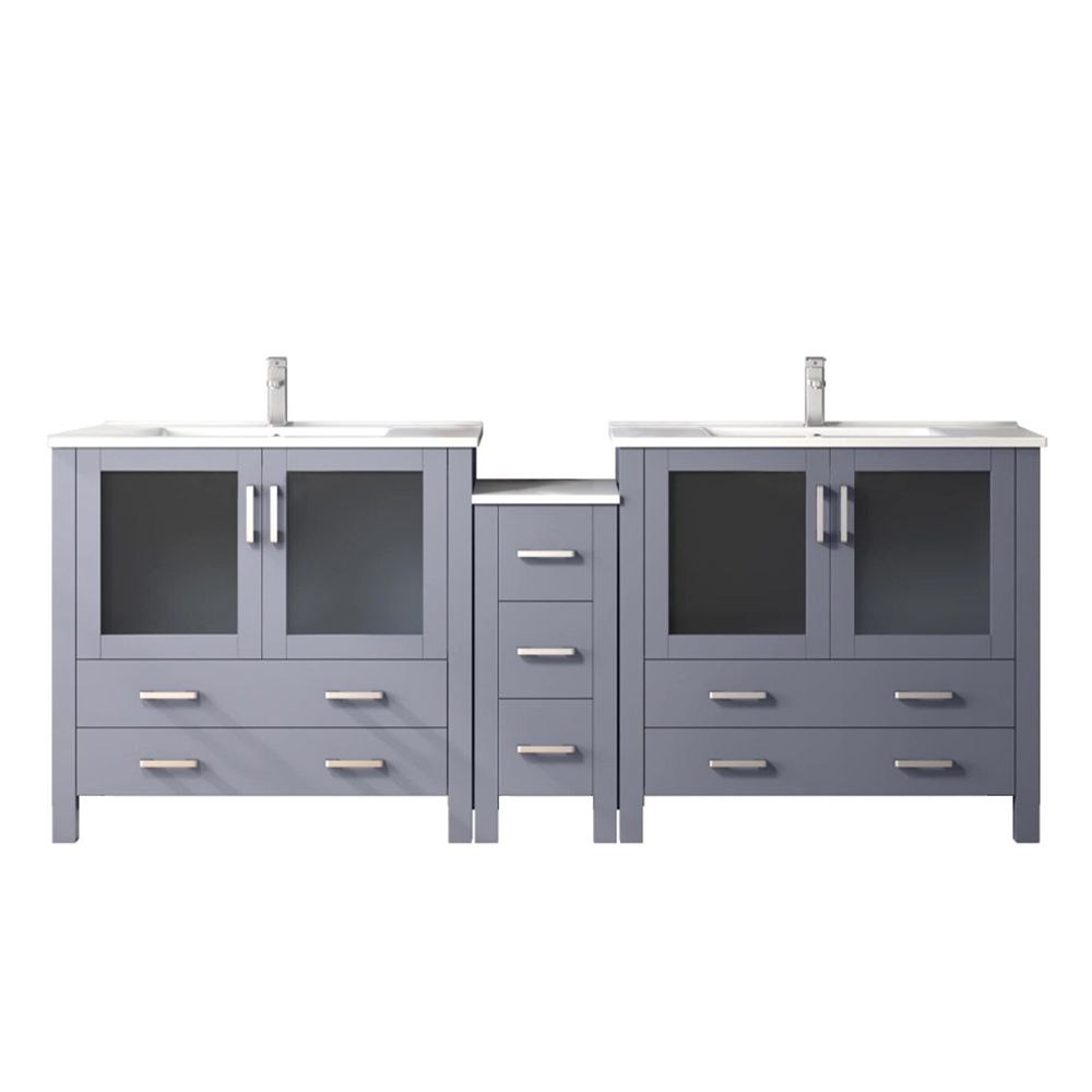 Volez 84 in W x 18.25 in. D Dark Grey Double Bath Vanity with Side Cabinet, White Ceramic Top, and Faucet Set