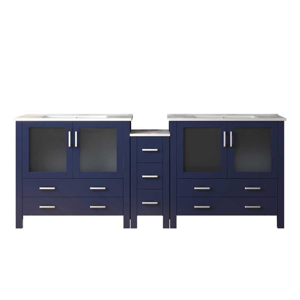 Volez 84 in W x 18.25 in. D Navy Blue Double Bath Vanity with Side Cabinet, and White Ceramic Top