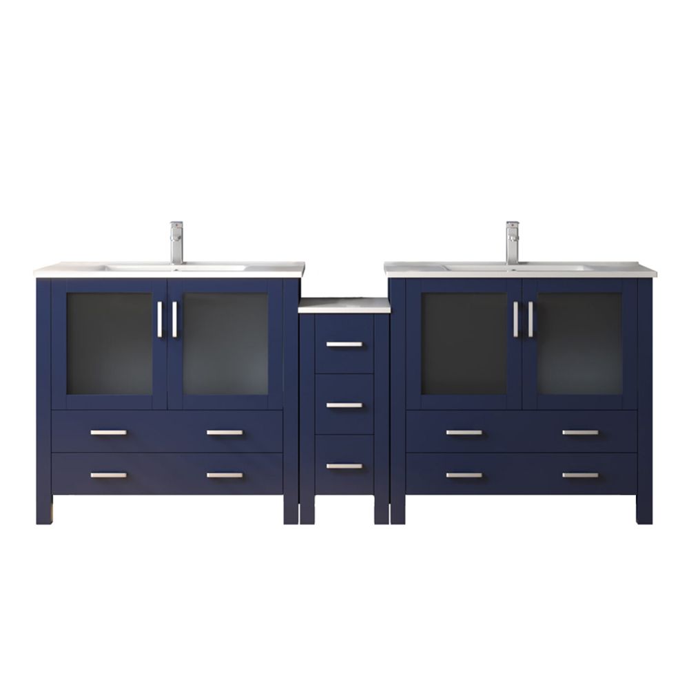 Volez 84 in W x 18.25 in. D Navy Blue Double Bath Vanity with Side Cabinet, White Ceramic Top, and Faucet Set