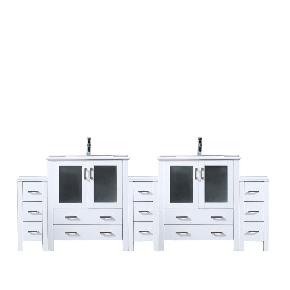Volez 96 in W x 18.25 in. D White Double Bath Vanity with Side Cabinet, White Ceramic Top, and Faucet Set