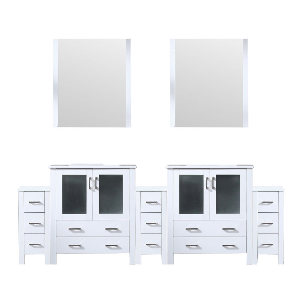 Volez 96 in W x 18.25 in. D White Double Bath Vanity with Side Cabinets, White Ceramic Top, and 28 in Mirrors