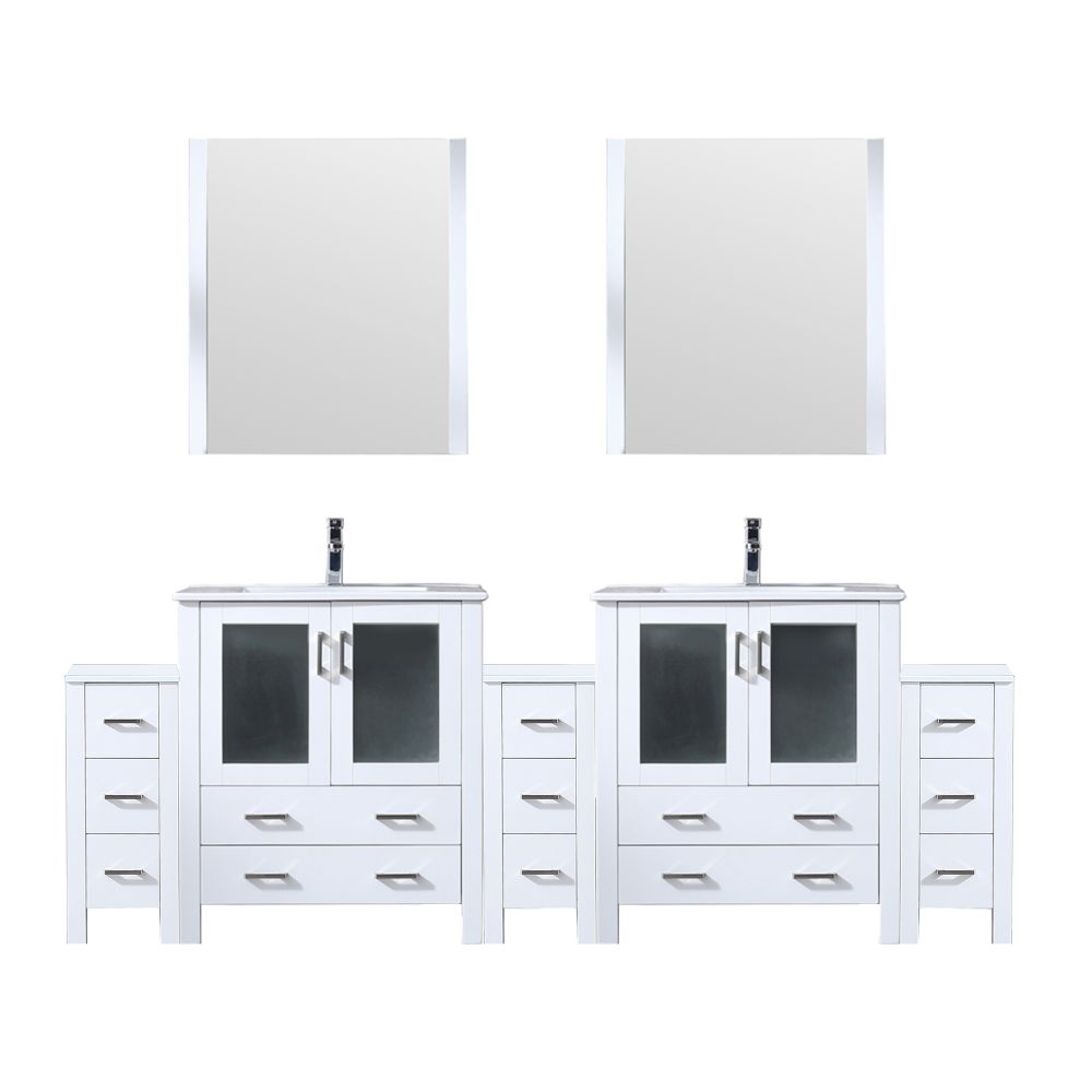 Volez 96 in W x 18.25 in. D White Double Bath Vanity with Side Cabinets, White Ceramic Top, 28 in Mirrors, and Faucet Set
