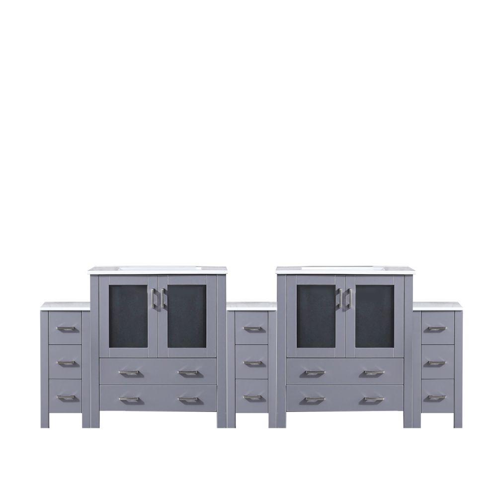Volez 96 in W x 18.25 in. D Dark Grey Double Bath Vanity with Side Cabinets, and White Ceramic Top