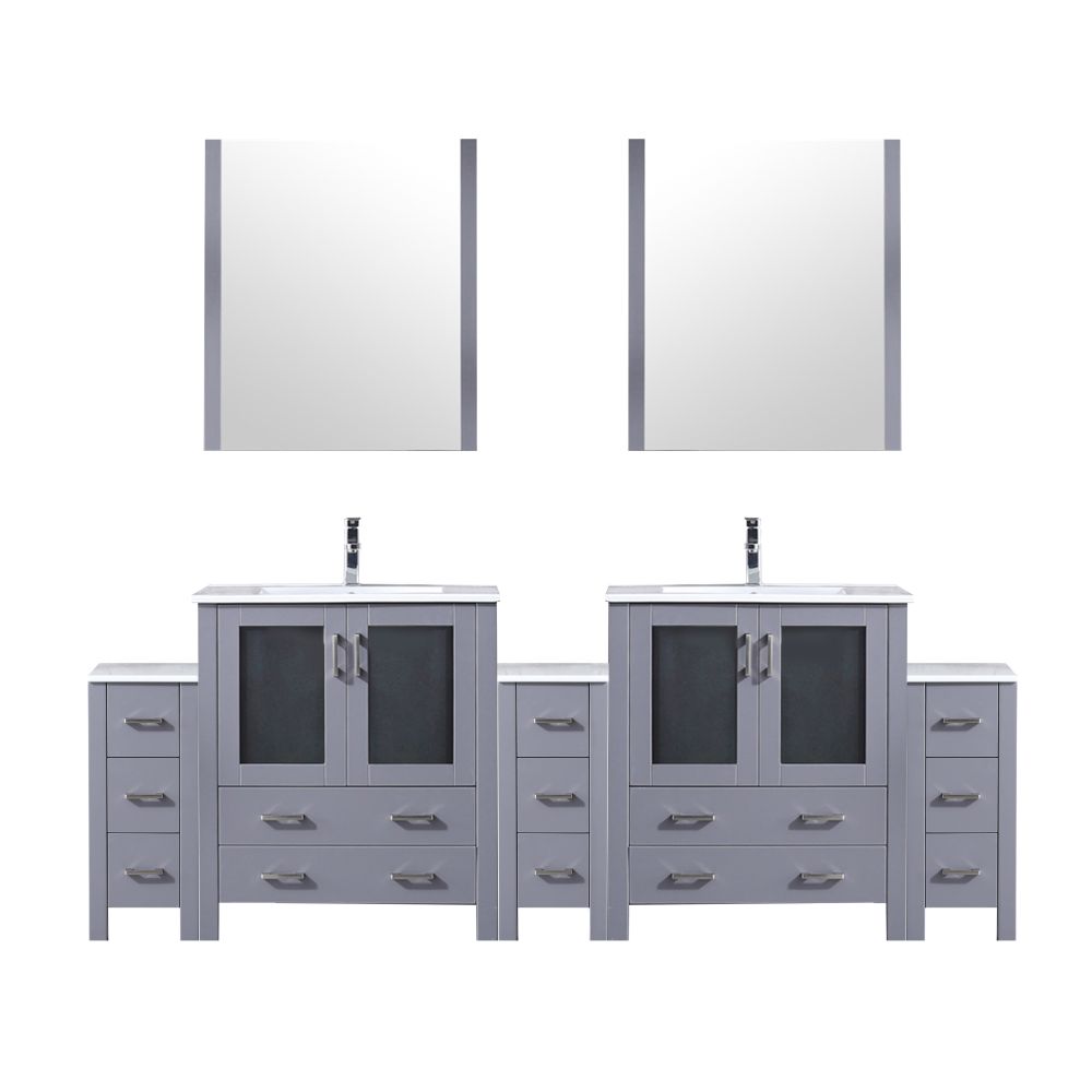 Volez 96 in W x 18.25 in. D Dark Grey Double Bath Vanity with Side Cabinets, White Ceramic Top, 28 in Mirrors, and Faucet Set