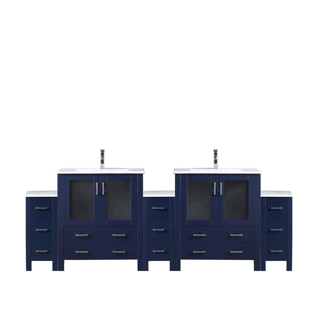 Volez 96 in W x 18.25 in. D Navy Blue Double Bath Vanity with Side Cabinets, White Ceramic Top, and Faucet Set