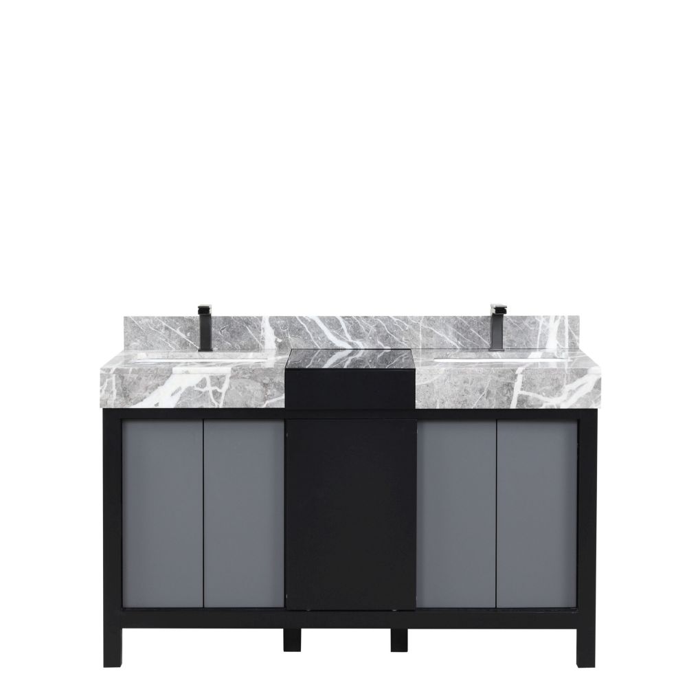 Zilara 55 in W x 22 in. D Black and Grey Double Bath Vanity, Castle Grey Marble Top and Gun Metal Faucet Set