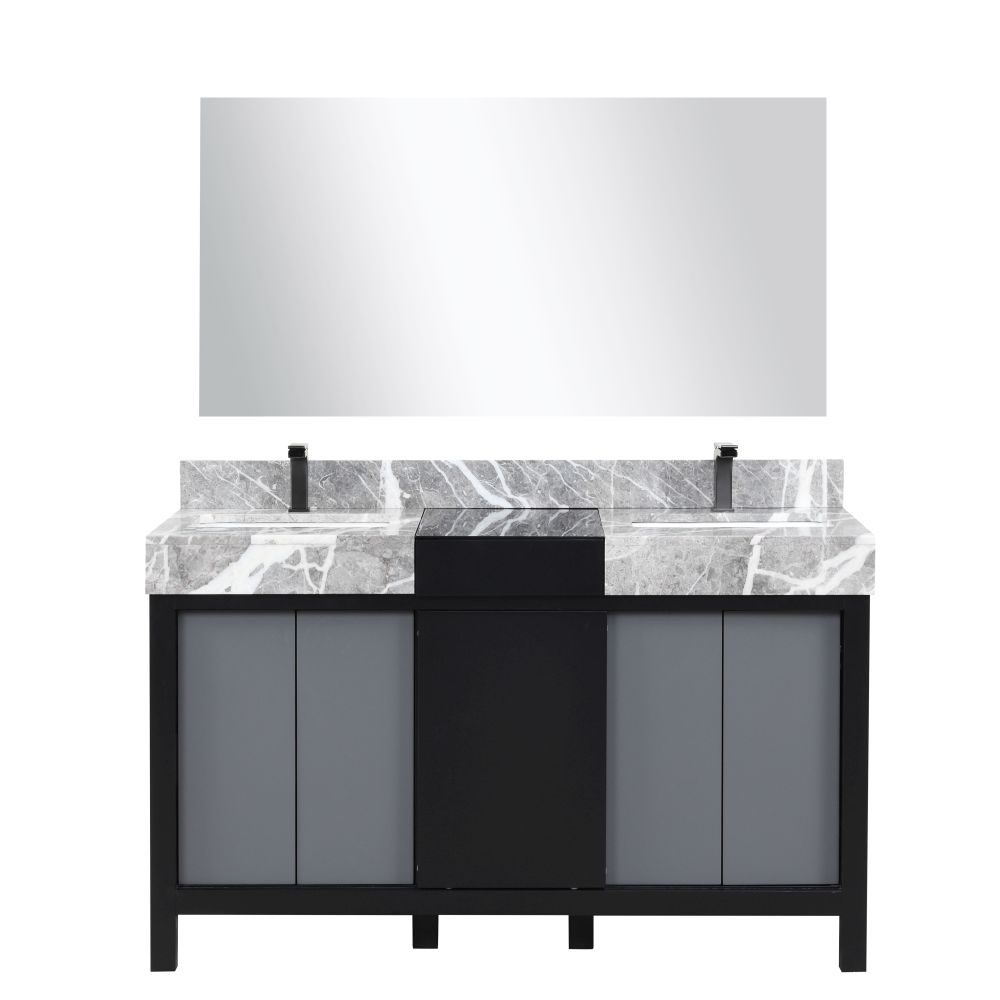 Zilara 55 in W x 22 in. D Black and Grey Double Bath Vanity, Castle Grey Marble Top, Gun Metal Faucet Set and 53 in Mirror