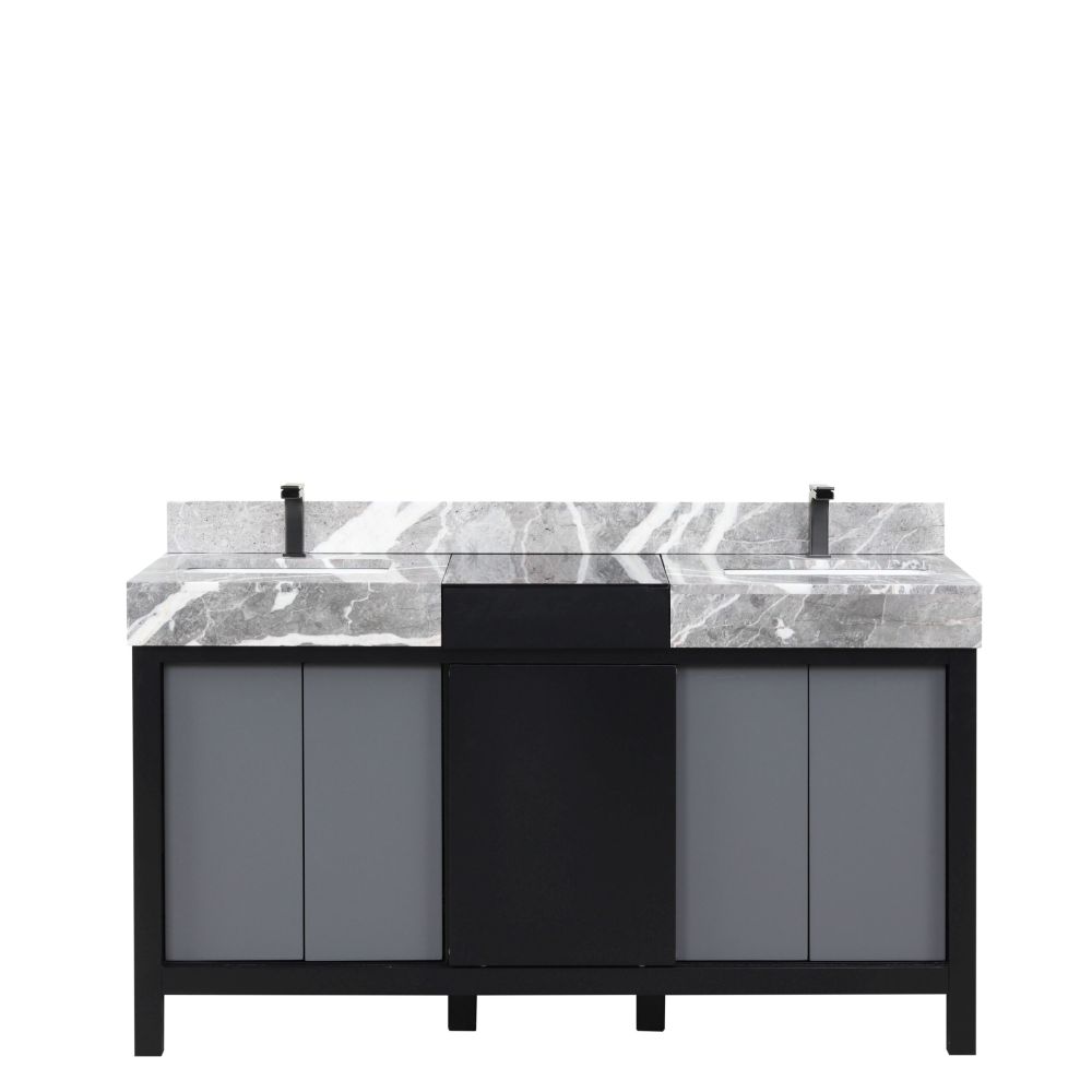 Zilara 60 in W x 22 in. D Black and Grey Double Bath Vanity, Castle Grey Marble Top and Gun Metal Faucet Set