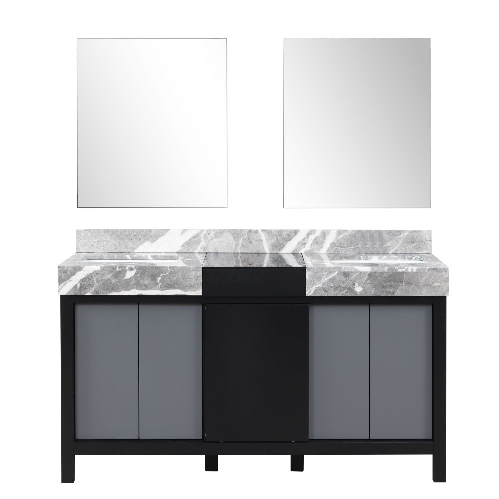 Zilara 60 in W x 22 in. D Black and Grey Double Bath Vanity, Castle Grey Marble Top and 28 in Mirrors