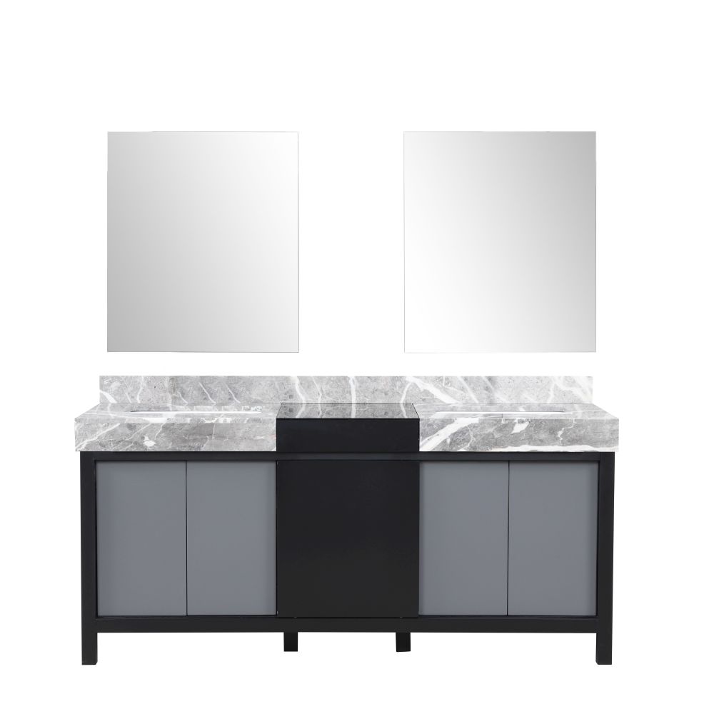 Zilara 72 in W x 22 in. D Black and Grey Double Bath Vanity, Castle Grey Marble Top and 28 in Mirrors