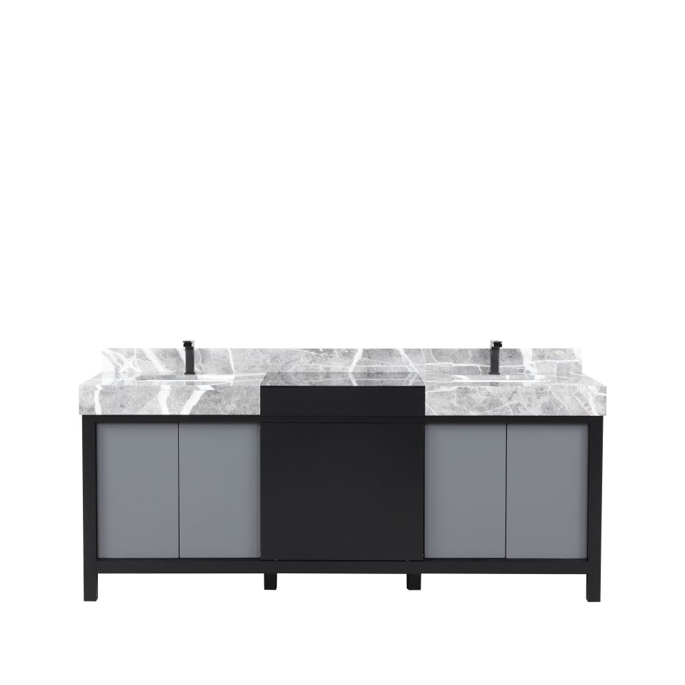 Zilara 80 in W x 22 in. D Black and Grey Double Bath Vanity, Castle Grey Marble Top and Gun Metal Faucet Set