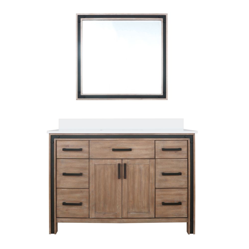 Ziva 48 in W x 22 in. D Rustic Barnwood Bath Vanity, White Quartz Top and 34 in Mirror