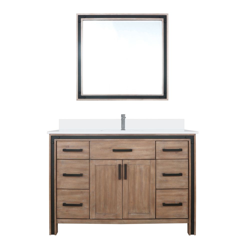 Ziva 48 in W x 22 in. D Rustic Barnwood Bath Vanity, White Quartz Top, Faucet Set and 34 in Mirror