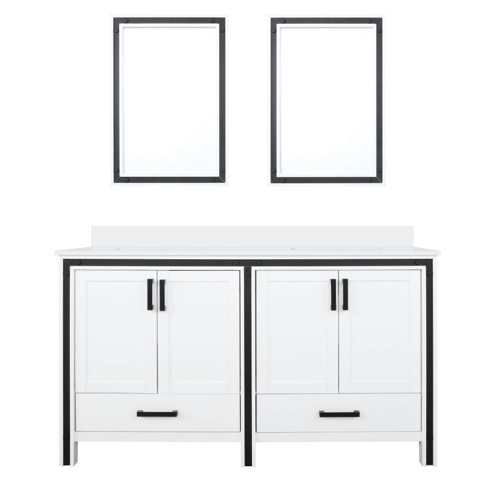 Ziva 60 in W x 22 in. D White Double Bath Vanity, White Quartz Top and 22 in Mirrors
