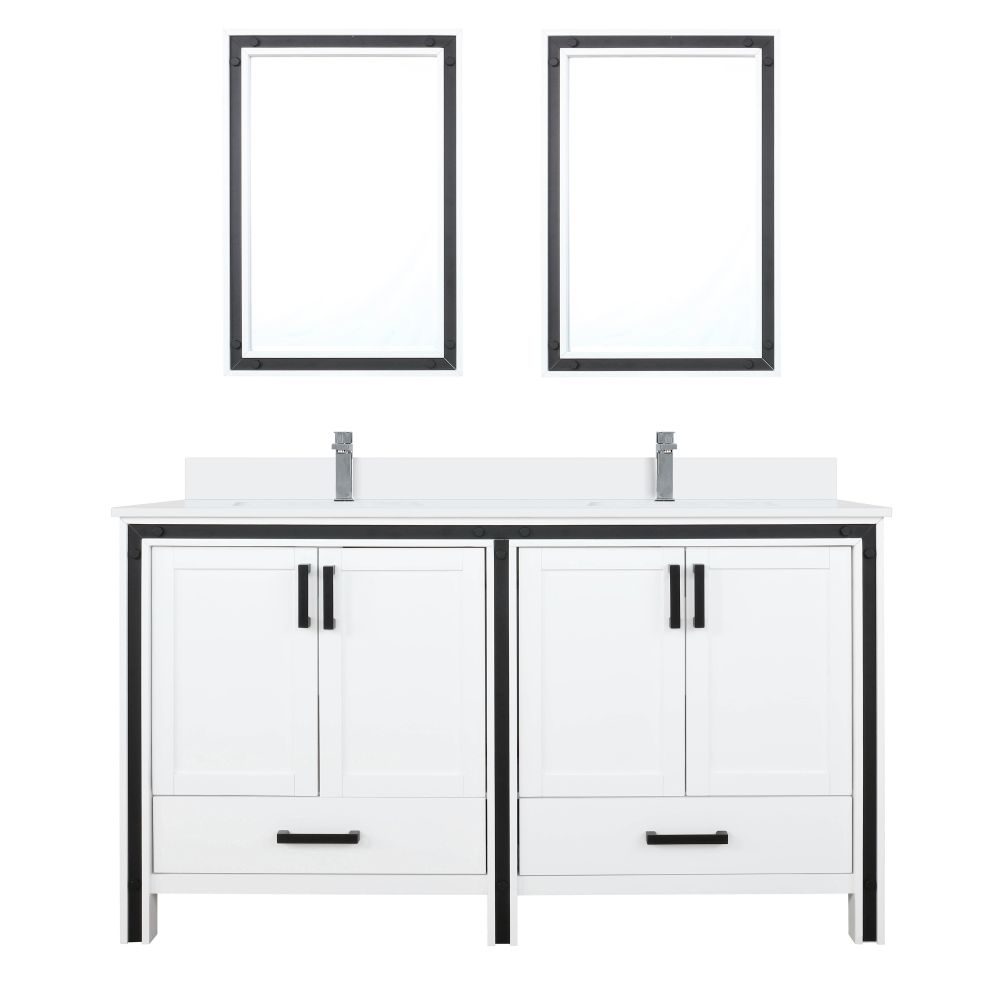 Ziva 60 in W x 22 in. D White Double Bath Vanity, White Quartz Top, Faucet Set and 22 in Mirrors