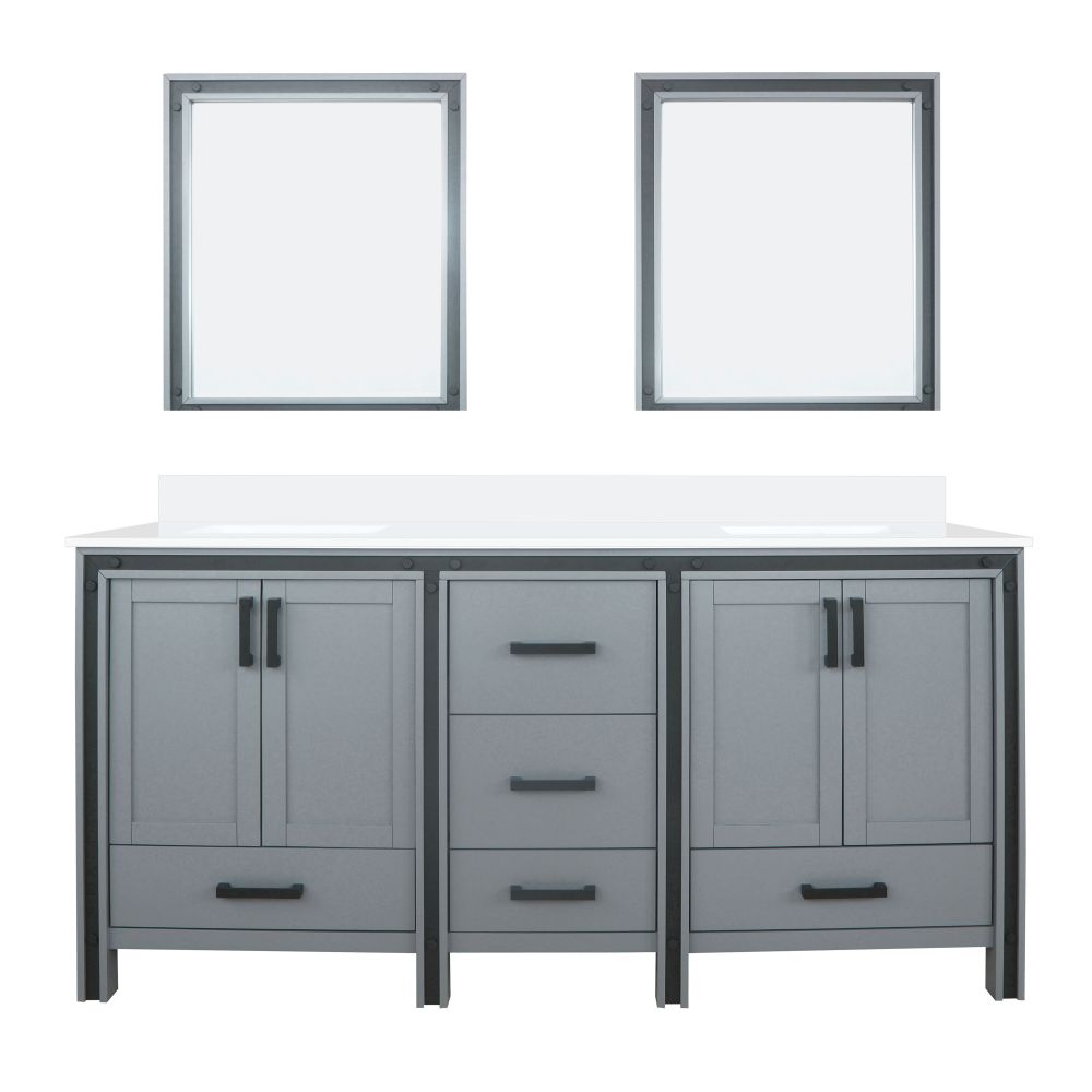 Ziva 72 in W x 22 in. D Dark Grey Double Bath Vanity, White Quartz Top and 30 in Mirrors