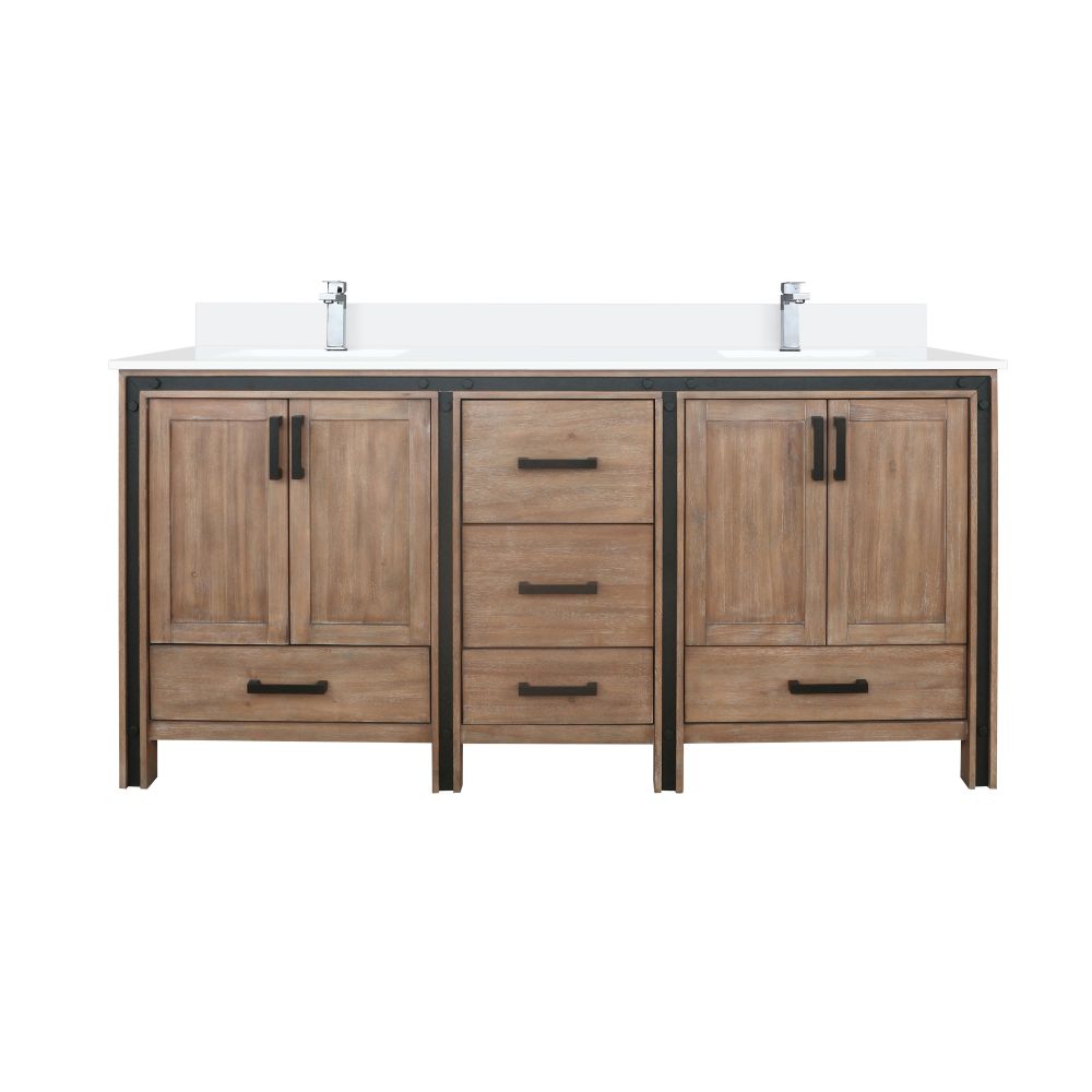 Ziva 72 in W x 22 in. D Rustic Barnwood Double Bath Vanity, White Quartz Top and Faucet Set