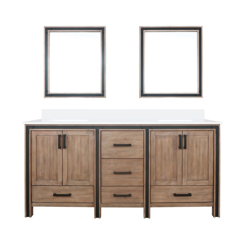 Ziva 72 in W x 22 in. D Rustic Barnwood Double Bath Vanity, White Quartz Top and 30 in Mirrors