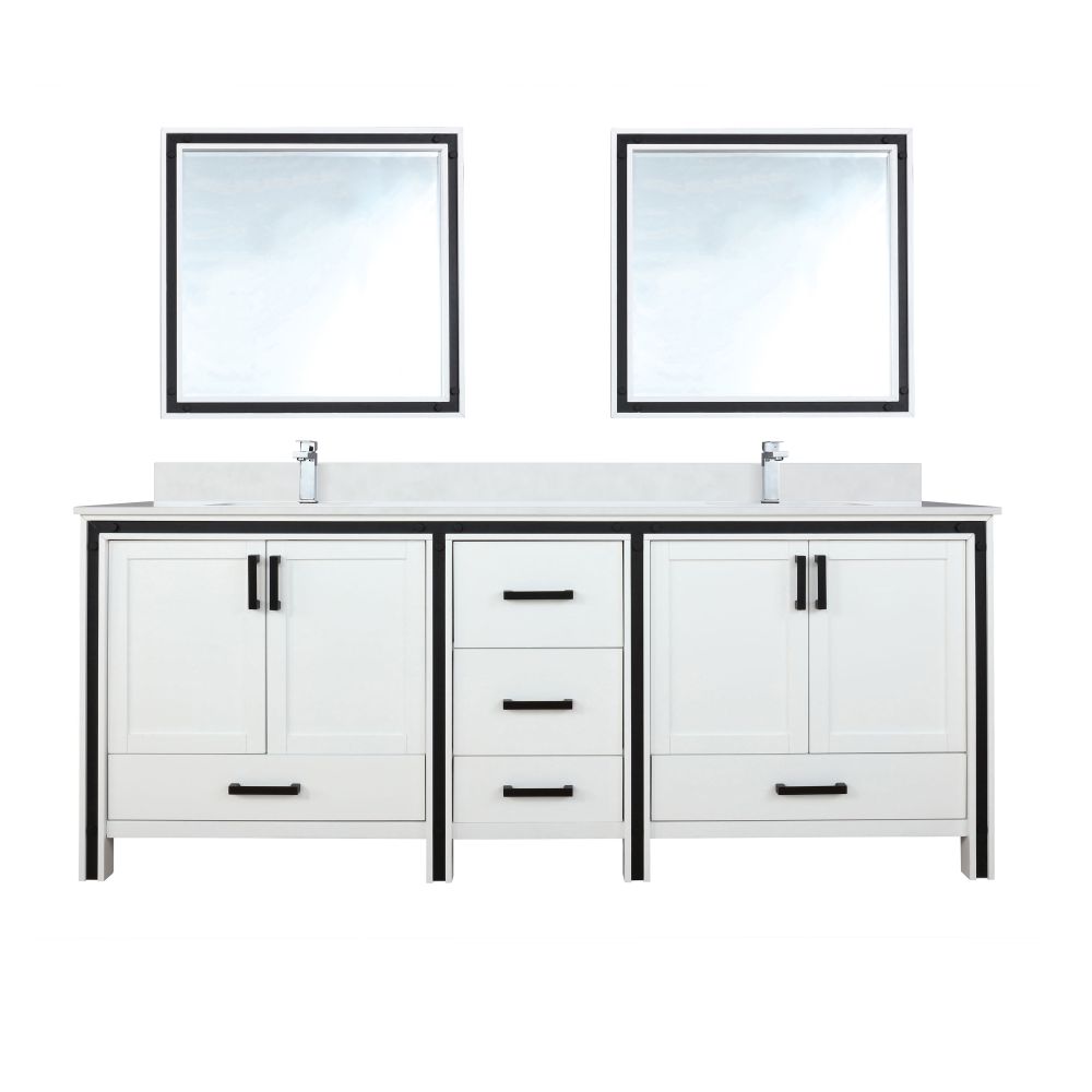 Ziva 84 in W x 22 in. D White Double Bath Vanity, White Quartz Top, Faucet Set and 34 in Mirrors