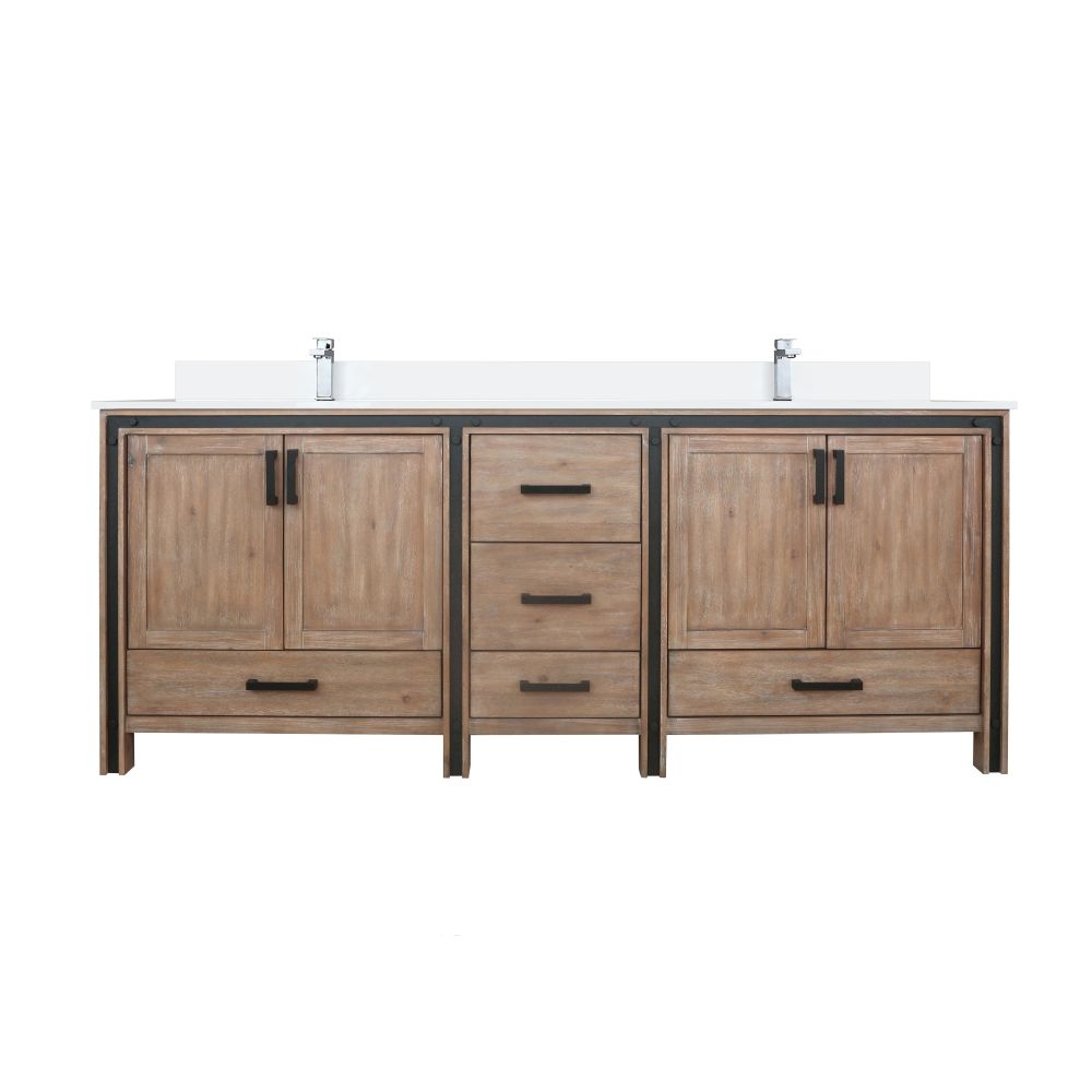Ziva 84 in W x 22 in. D Rustic Barnwood Double Bath Vanity, White Quartz Top and Faucet Set
