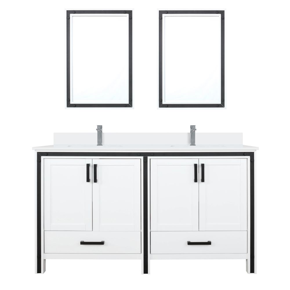 Ziva 60 in W x 22 in. D White Double Bath Vanity, Cultured Marble Top, Faucet Set and 22 in Mirrors